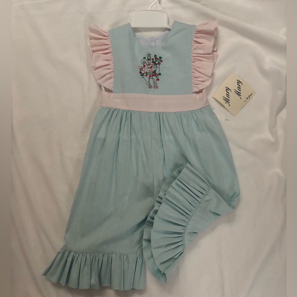 Pink and Blue Ruffled Romper with Embroidery
